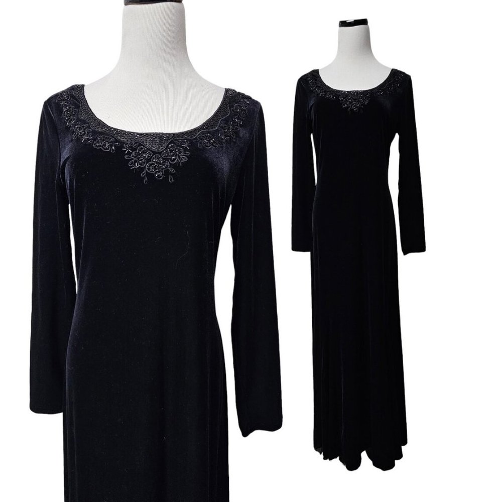 90s J.R. Nites Petites by Caliendo beaded neckline black velvet long dress
